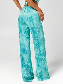 SHEIN ICON Quần nữ ống đứng buộc eo kiểu tie-dye, phong cách thường ngày. - màu xanh lá - Xem 2