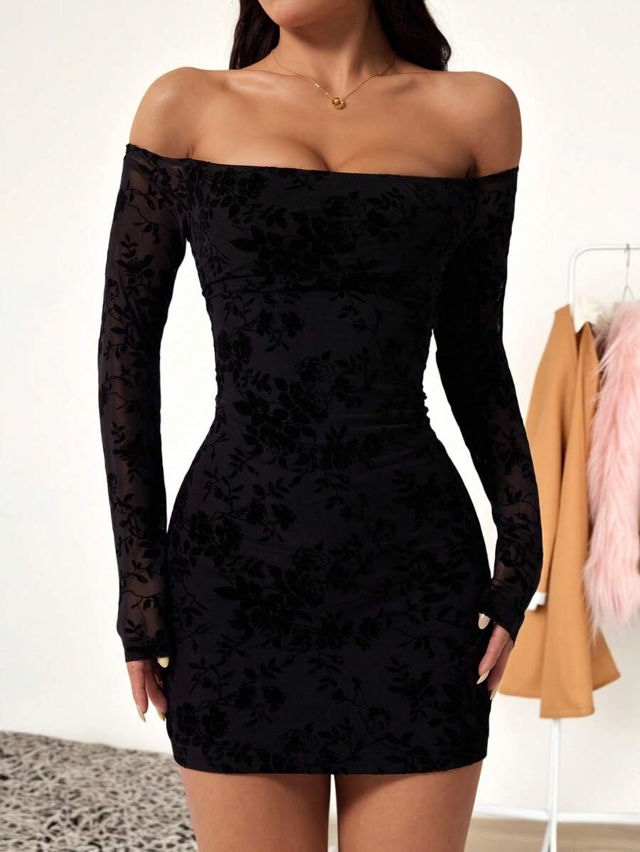 SHEIN PETITE 女士露肩长袖蕾丝拼接迷你连衣裙，夏季连衣裙，夏季服装，黑色露肩连衣裙，黑色蕾丝连衣裙