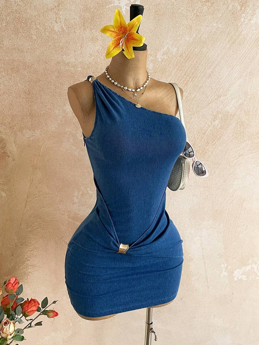 Soleia 女士度假休闲修身迷你牛仔连衣裙 - 藍色 - 查看 1