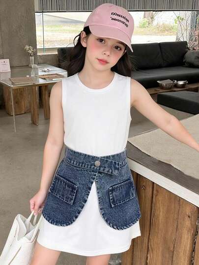 Young Girls Summer New Minimalist Design Casual 2 Pieces Set, Solid Color Sleeveless Top + Denim Waist Skirt, Suitable For Daily, Commuting, Outing