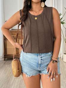 EMERY ROSE Plus Size Comfortable & Fashionable Crew Neck Camisole, Versatile For Commute, Dating, Vacation, Elegant & Slimming - Brown - View 6