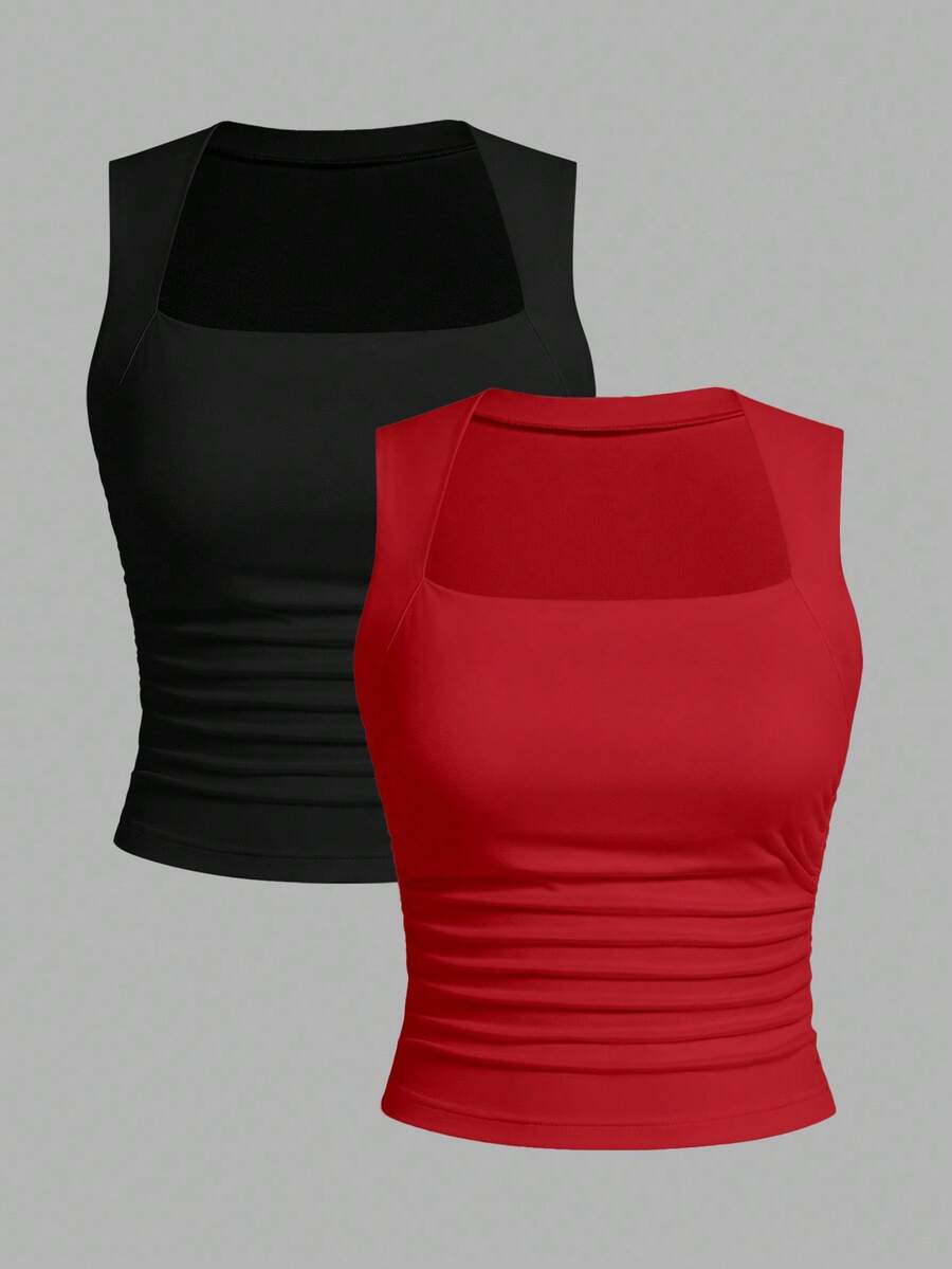 SHEIN EZwear 2pcs/Set Ribbed Removable Padded Camisole For Women,Summer Top - Multicolor - View 1
