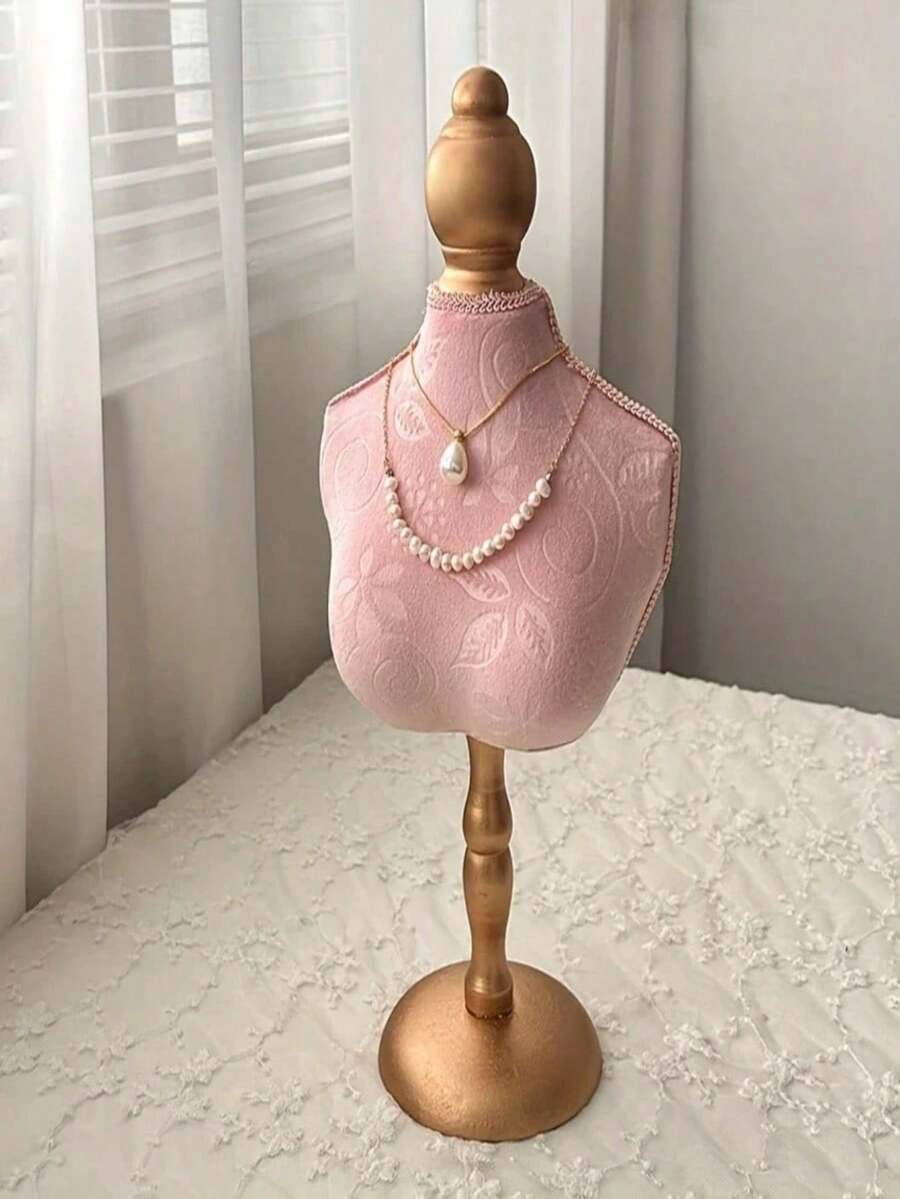 SHEIN 1个优雅天鹅绒首饰展示架,金色底座 - 花卉图案,桌面收纳托盘,非常适合展示项链、手链和配饰,零售或家居装饰,项链架 | 花卉图案展示架 | 木质底座,坚固耐用,房间装饰 - 彩色 - 查看 1