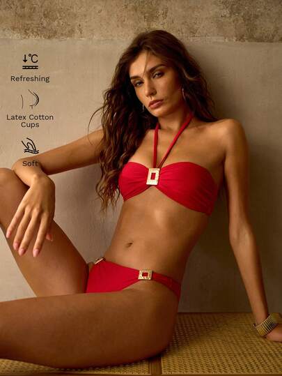 MOTF PREMIUM TEXTURED METALLIC GOLD ACCENT FRONT & MIDDLE ELEGANT HALTER BACKLESS VACATION SWIMWEAR SET