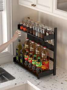 1个可调节高度多功能厨房调料架台面收纳整理架防锈节省空间黑色家居必备 - 黑色 - 查看 9