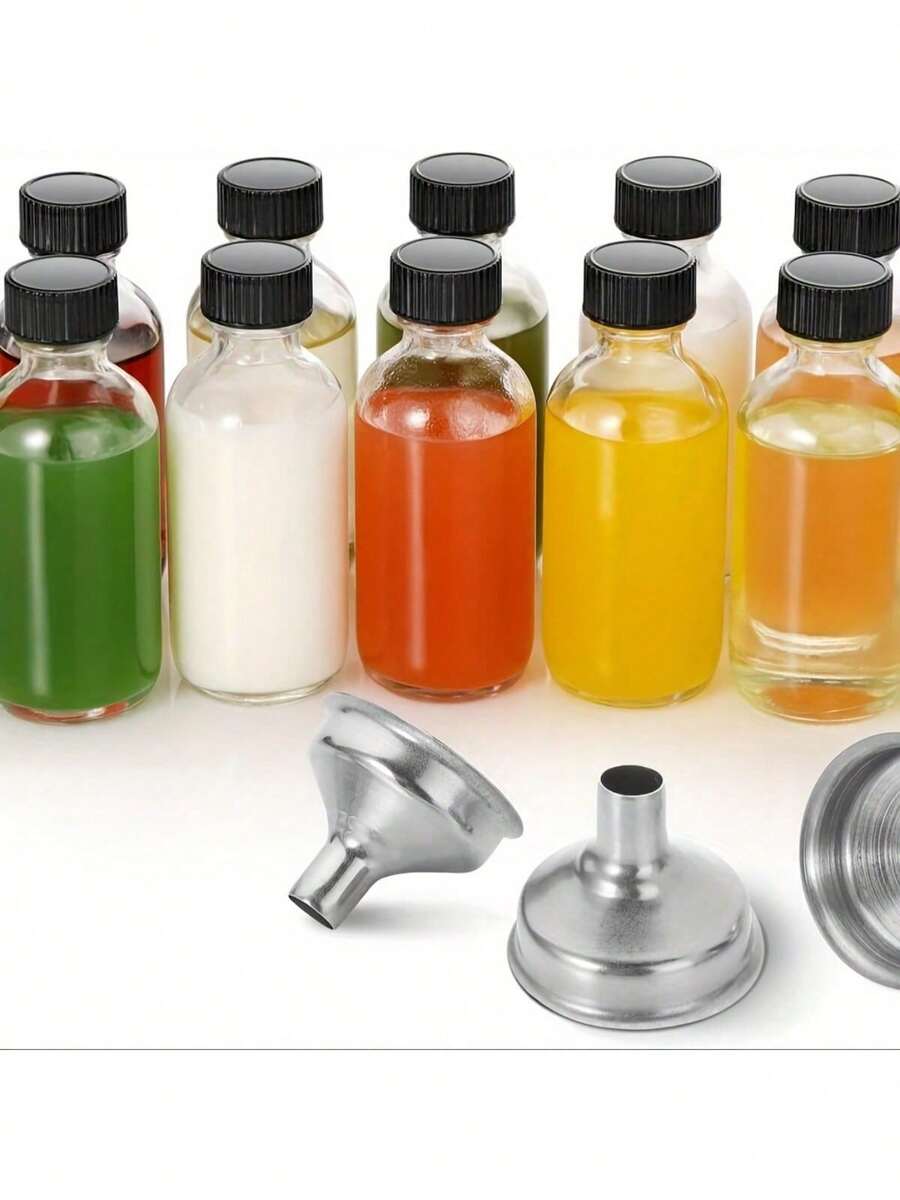 Bộ 4/12 chai, dung tích 1/2/4oz (30/50/100ml), chai thủy tinh nhỏ trong suốt có nắp đậy và 3 phễu thép không gỉ - Bộ chai du lịch mini Boston Sample dùng đựng thuốc, nước ép, thức uống tốt cho sức khỏe, nước gừng, rượu whisky và các loại chất lỏng khác. - Trong sáng - Xem 1