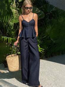 DAZY 女士度假吊带背心和阔腿牛仔裤休闲套装 - 藍色 - 查看 4