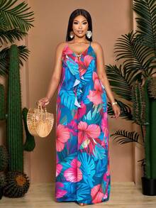SOLERSUN Mono con estampado floral de cuello en V con volantes y espalda descubierta, con adornos de cuentas metálicas y pantalones anchos de pierna A-line, adecuado para uso casual diario, reuniones, citas, San Valentín, viajes, vacaciones en la playa, Año Nuevo, festivales de música, carnavales, una prenda de vestir de estilo bohemio sexy y elegante para mujeres. Conjuntos tropicales de Burkina para mujeres, conjunto hawaiano para mujeres - Azul - Ver 2