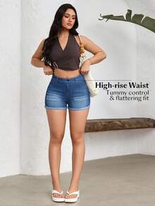 Flexra Quần short denim nữ dáng ôm, co giãn, có túi xéo, kiểu dáng thường ngày, thích hợp cho mùa hè. - Rửa trung bình - Xem 7