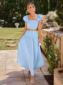KARISMINA Women's Elegant Baby Blue 2-Piece Set, Summer Holiday Picnic Camisole Top & Voluminous Maxi Skirt,Ladies Wedding Guest Beach Vacation Outfits - Blue - View 5