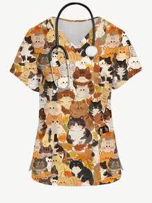 PopScrub Plus Size Women Cartoon Cat Nurse Uniform Top - Multicolor - View 6
