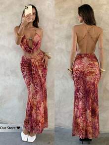 Aloruh Bộ 2 món gợi cảm phong cách Y2K Bohemian, áo croptop cổ xếp ly đính hạt và chân váy maxi đuôi cá xếp tầng, thích hợp cho kỳ nghỉ hè. - Màu Đỏ Sâu - Xem 6