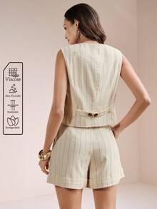 Arave Women's Woven V-Neck Vest Without Belt Drawstring Shorts Set, Casual Sexy Commuter Outfit Golf Pastal Summer - Apricot - View 3