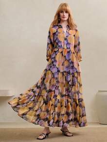 Arave 女士雪纺印花数码印花面料V领七分袖喇叭下摆休闲长裙 - 彩色 - 查看 2