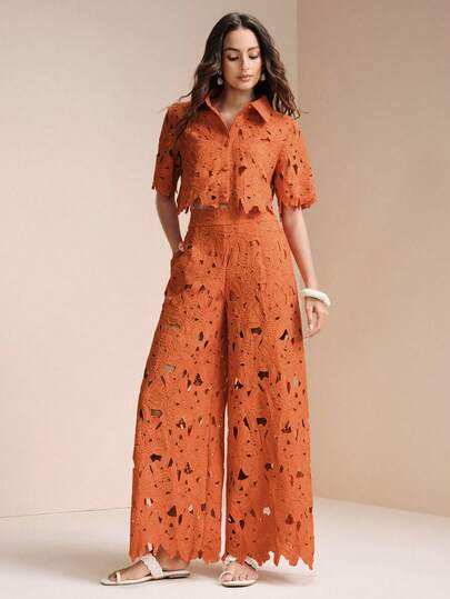 Arave Women's Lace 2 Pieces Set Woven Laser Cut Out Embroidered Short Sleeve Crop Top Wide Leg Pants, Casual  Holiday Outfit For Women, /, Outfits For Women,Cruise Women Outfits,European ,Vacation Outfits Woman,2 Pieces Outfit,White Set,Birthday Outfit For Women, Lace Two Pieces Set, White Lace Two Pieces Set , Two Pieces Set ,Two Pieces Setfall Women Clothes Fall Outfits Women Fall Autumn Clothes