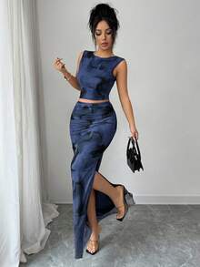 Rafferiza Women's Elegant Tie Dye Gradient Mesh Camisole Sleeveless Fitted Slit 2 Pieces Set - Navy Blue - View 5