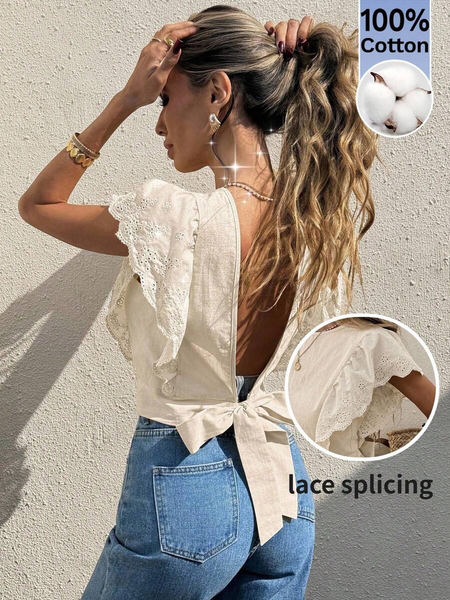 Serisse Women's Cotton Eyelet Ruffle Sleeve Open Back Tie Blouse – Casual Summer Backless Top Women's Apricot V-Neck Ruffle Trim Backless Blouse,Summer,Spring, Party,Beach,Wedding ,Graduation,Elegant,Casual,Vacation,Formal,Business, - Apricot - View 1