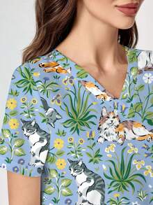 PopScrub Cute Cat & Plant Cartoon Print V-Neck Short Sleeve Pocket Nurse Scrub Uniform Set,Spring/Summer Light Blue Pants Suit For Schoolgirl,Work,2 Pieces - Multicolor - View 5