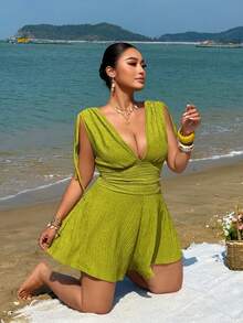 Sunnyshic Bộ jumpsuit gợi cảm cổ chữ V sâu, eo thắt dành cho nữ cỡ lớn, thích hợp cho mùa hè. - màu xanh lá - Xem 8