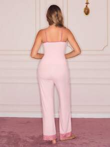 SHEIN Romantic INS Contrast Color Lace Patchwork Camisole And Pants Women Pajama Set - Pink - View 2