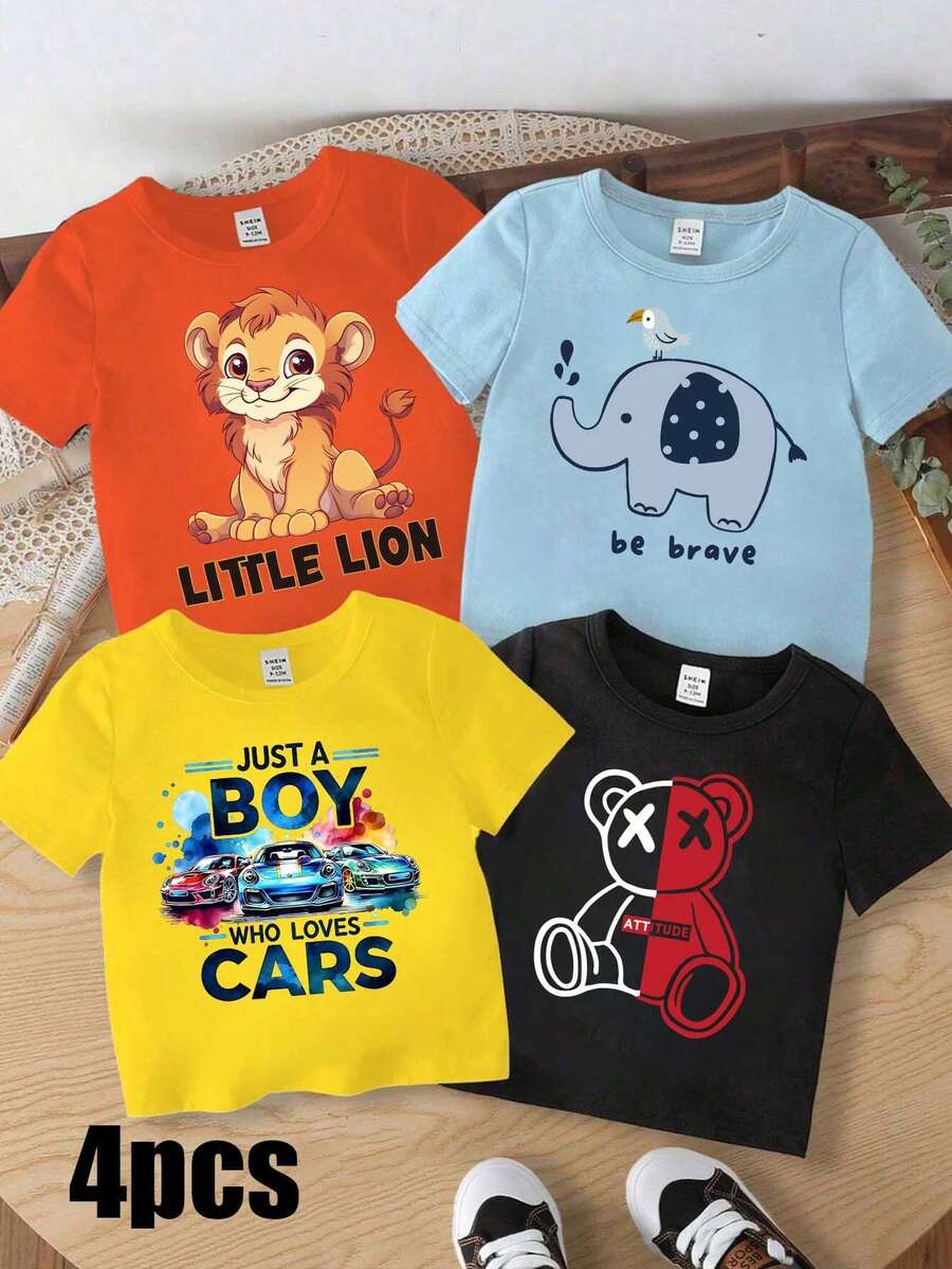 4 chiếc áo thun in hình họa tiết thời trang, sáng tạo cho bé trai, thích hợp cho mùa xuân, hè và thu, màu cam, vàng, xanh nhạt, đen, thoải mái mặc hàng ngày, phong cách ấm áp mùa hè và thu. - Nhiều màu - Xem 1