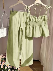 Comfortcana Mint Green Woven Casual Camisole And Pants Set - Mint Green - View 2