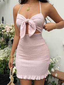 Sunnyshic Đầm ngắn nữ kiểu yếm buộc dây phía trước, khoét eo, thích hợp cho kỳ nghỉ. - Hồng - Xem 5