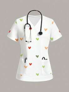 SHEIN Essnce 心形图案休闲女式工作服上衣，适合夏季穿着 - 彩色 - 查看 1