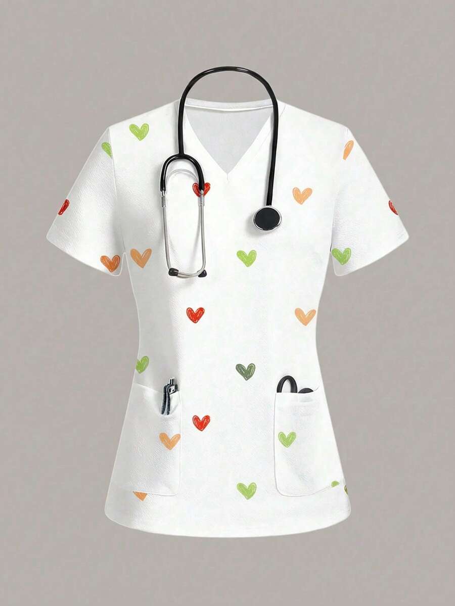 SHEIN Essnce 心形图案休闲女式工作服上衣,适合夏季穿着 - 彩色 - 查看 1