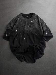 Manfinity LEGND Men's Casual Fashionable Street Daily Commute Letter & Star Embroidery Ombre Washed Rhinestone T-Shirt, Summer - Black - View 6