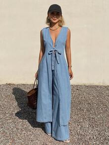 DAZY Bộ đồ denim dài dáng suông cổ chữ V buộc dây kiểu dáng nghỉ mát dành cho nữ mùa hè - Màu xanh lam - Xem 1