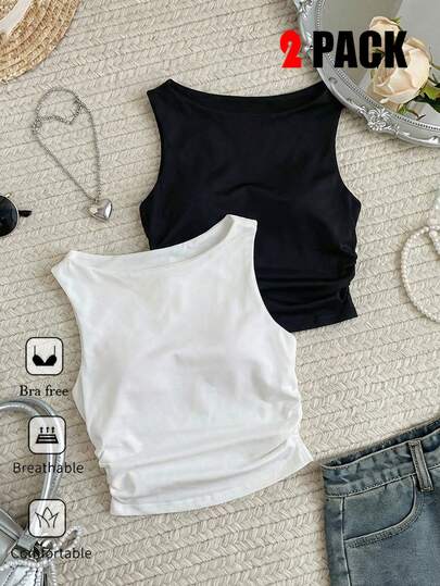 Comfortcana 2 piezas Conjunto de camisetas sin costuras casuales para mujer, sin sujetador, para uso diario, 95% algodón