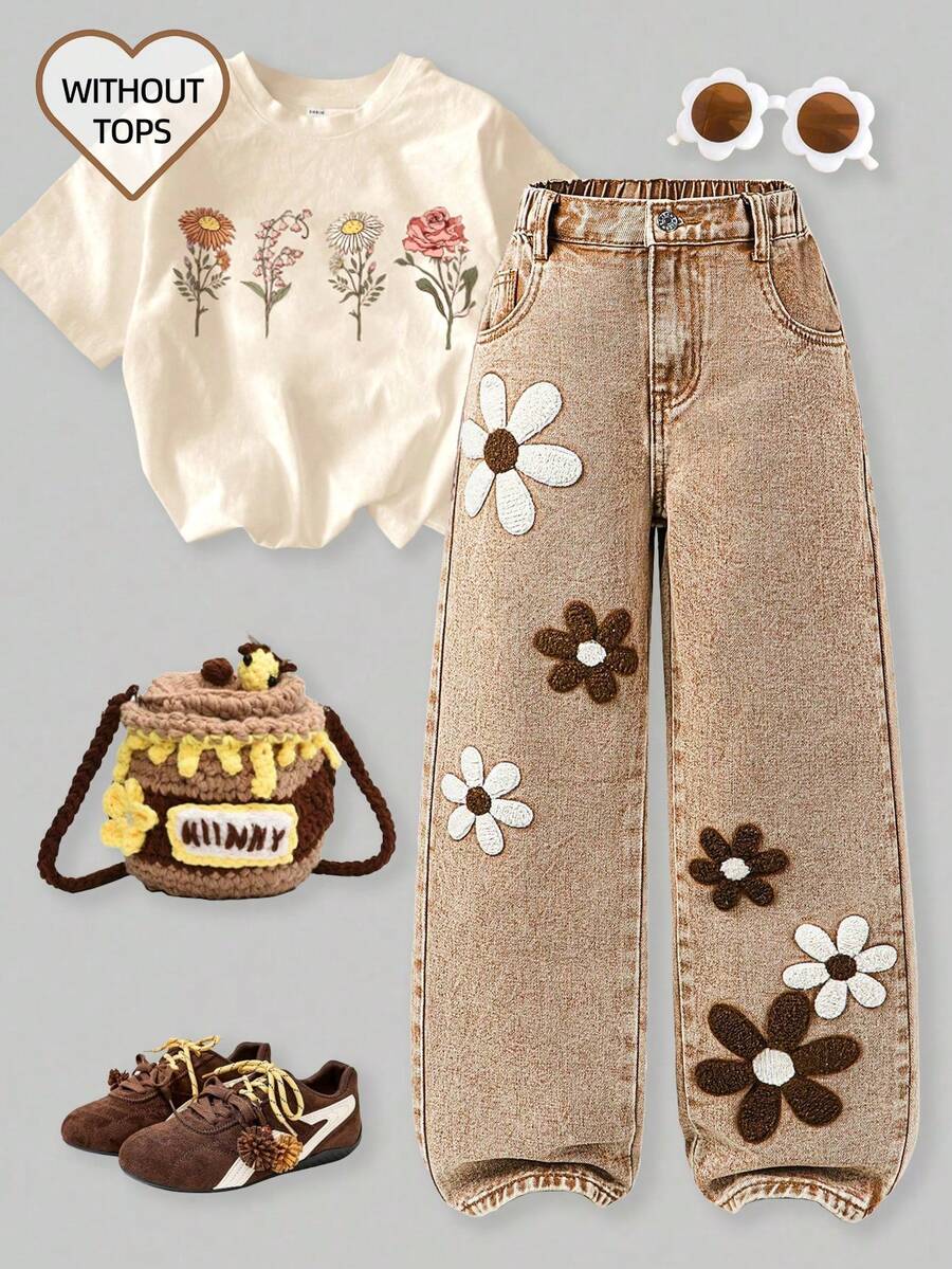SHEIN ChillGRL Tween Girl New Fashion Snowflake Washed Distressed Embroidered Wide-Leg Jeans Kids Wide Leg Pants With Butterflies And Flowers 70s Kids Earthy Tween - Khaki - View 1