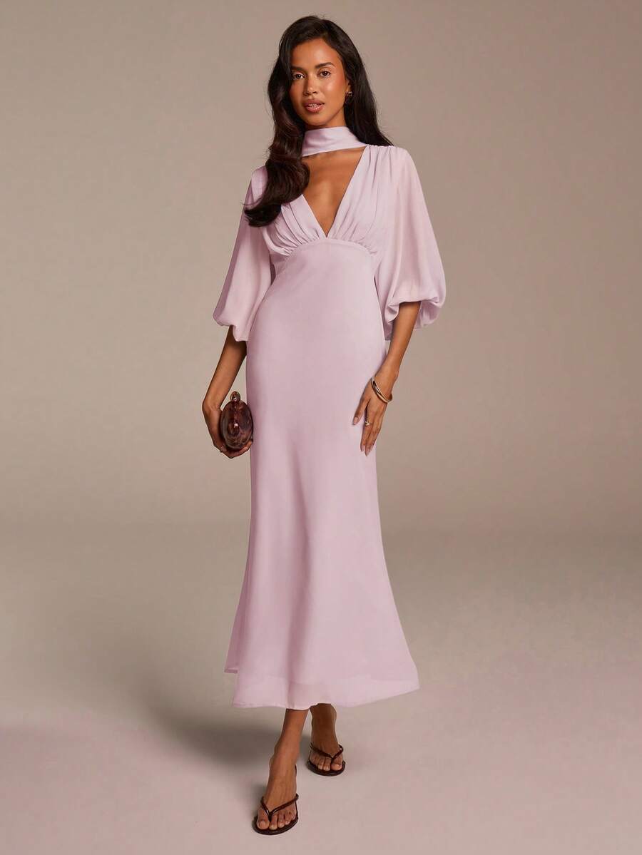 COSMINA Đầm maxi đuôi cá thanh lịch bằng chiffon màu xanh nhạt dành cho nữ, cổ chữ V sâu, tay phồng, xếp ly, màu trơn, thích hợp cho kỳ nghỉ, tiệc tùng, đám cưới, khách mời hoặc phù dâu. - Màu Hồng baby - Xem 1