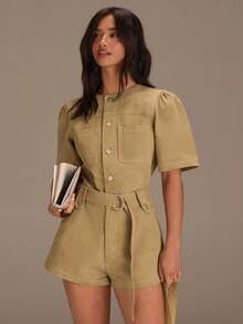 Athîral Women's Casual Vacation Short Sleeve Buttoned Jumpsuit - Khaki - View 1