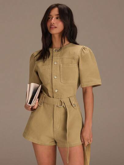 Athîral Women's Casual Vacation Short Sleeve Buttoned Jumpsuit