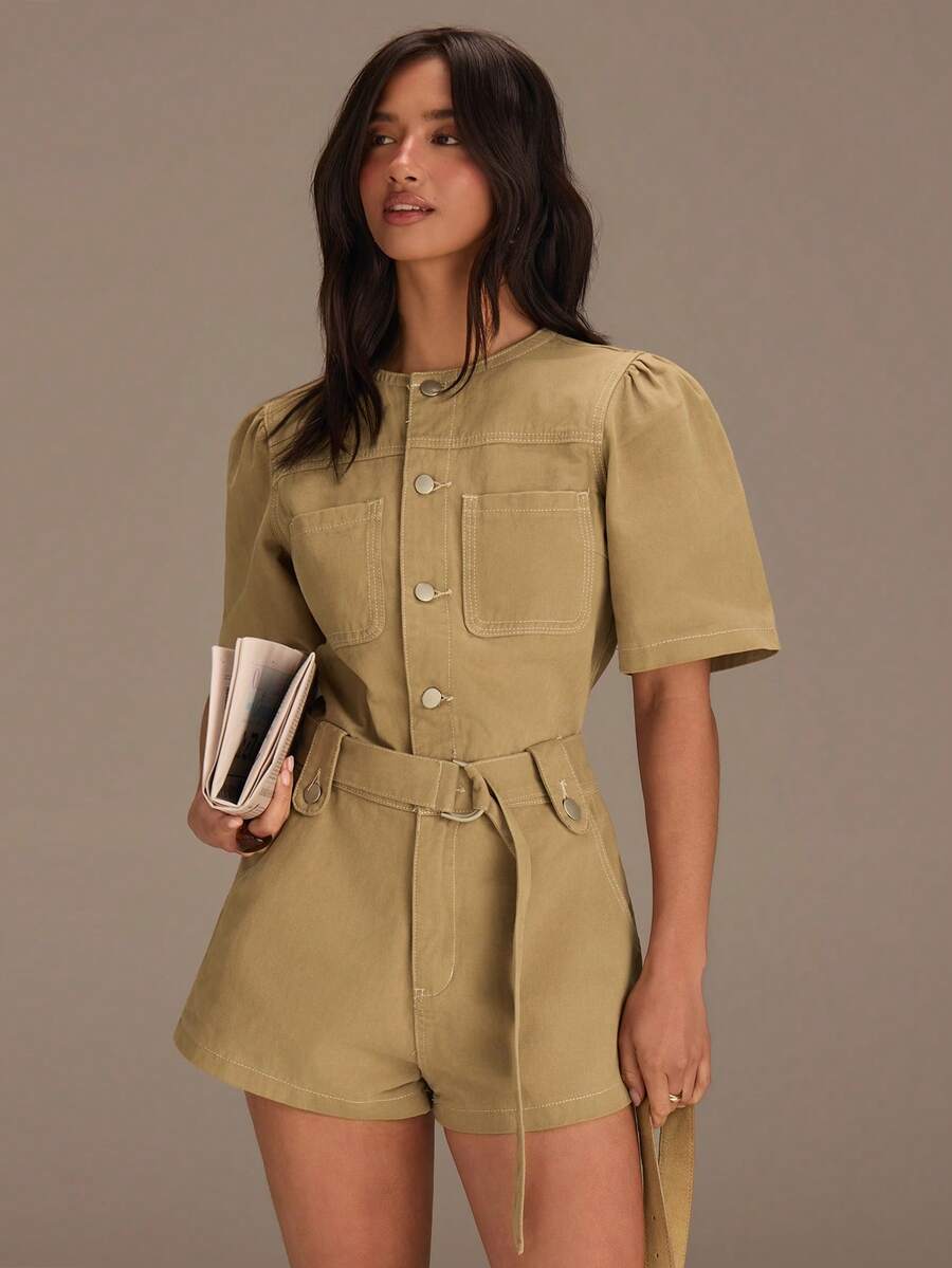Athîral Women's Casual Vacation Short Sleeve Buttoned Jumpsuit - Khaki - View 1