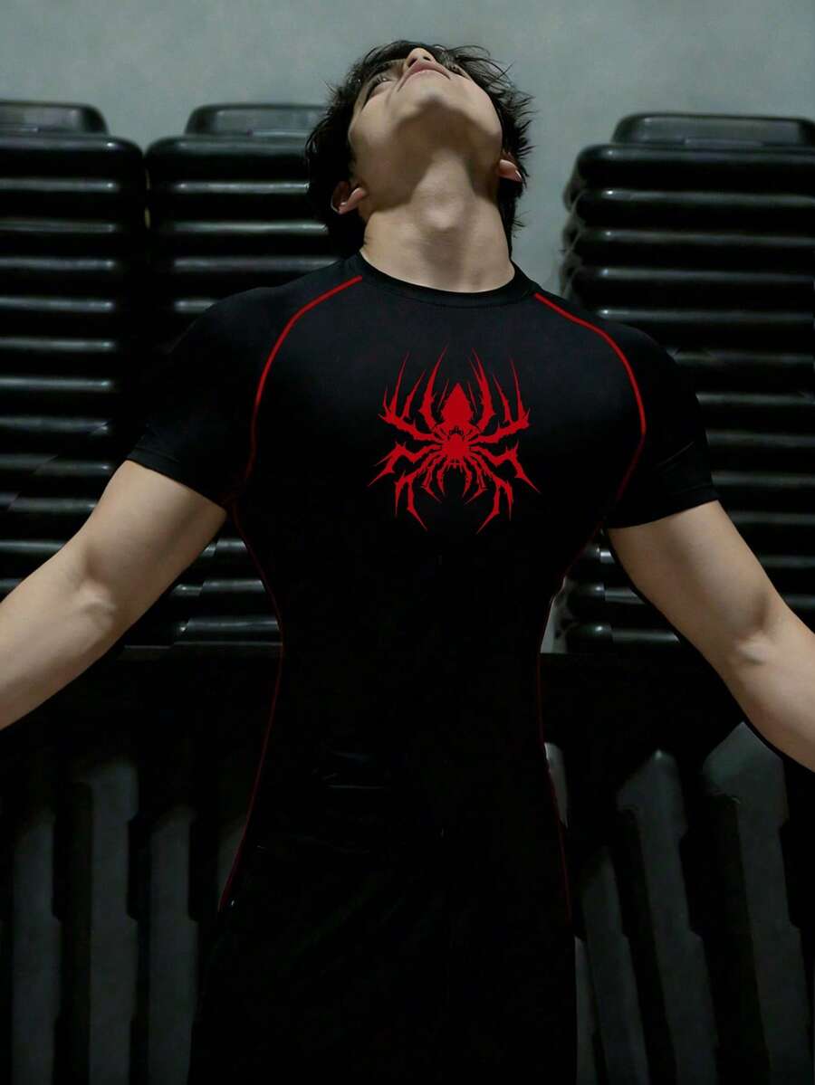 GymBeat 活力男士圆领黑色运动T恤，饰有醒目的红色蜘蛛图案，短袖设计，适合健身穿着。 - 黑色 - 查看 1