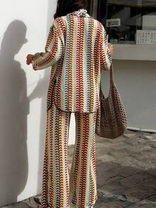 Swim SXY 夏季度假休闲宽松长袖翻领衬衫，后开衩，搭配高腰宽松直筒裤 - 彩色 - 查看 2