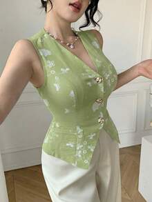 Celisse New Fashionable Elegant Fitted Sleeveless V-Neck Embroidery Design Women Blouse - Green - View 6