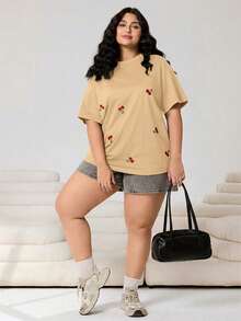 Solflare Cherry Embroidery Khaki Casual Plus Size Short Sleeve T-Shirt - Khaki - View 4