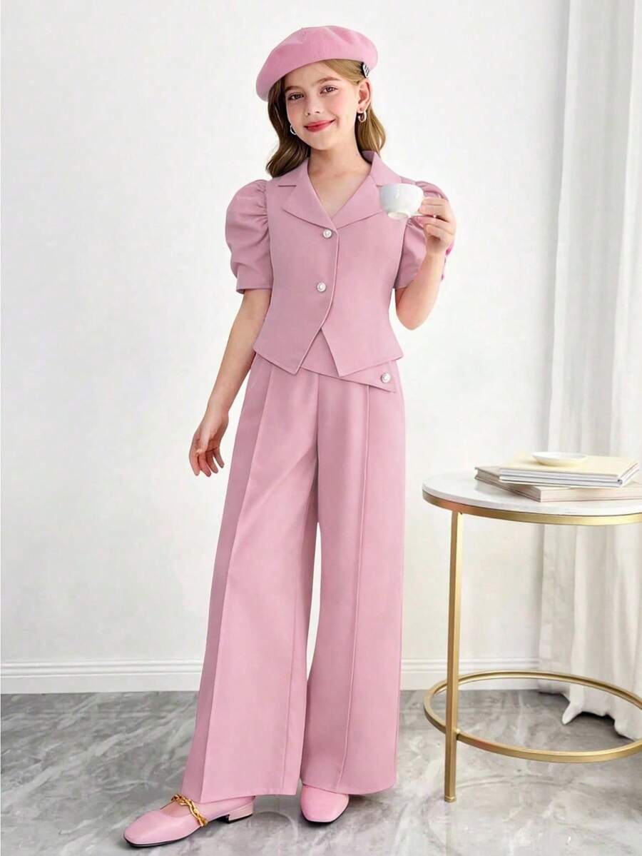 SHEIN Conjunto informal de niña preadolescente con chaqueta de manga de pétalo de un solo botonadura de unicolor y pantalones de pierna ancha - Rosa Pálido - Ver 1