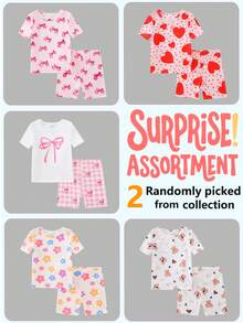 SHEIN [5-Set Random Delivery 2-Set] Baby Girls' Short Sleeve Pajama Set, Summer Thin Knit Fabric, Heart, Flower, Bow, Bear Print, Comfortable Tight Fit Round Neck Tee And Shorts Sleepwear Set - Multicolor - View 6