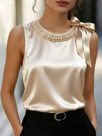 SHEIN Raffinéa New Summer Style, Fashionable And Sweet Design, Beaded Round Neck, Satin Satin, Light Luxury Fashion, Decorative Bow, Sleeveless Casual Slimming Women's T-Shirt, Spring, Summer Wear, Outings, Vacations, Leisure, Y2K, Graduation Season, Fashionable Outfit, Versatile, Commuting, Sexy, Bow, Women's Spring/Summer Apricot Vest.Graduation Season Attire, Fashionable Casual Commuter Wear, Business Office Wear, Versatile And Stylish Everyday Casual Wear, Urban Teacher's Professional Attire