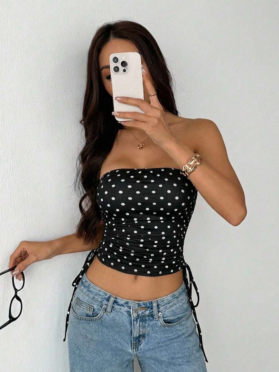SHEIN PETITE 女款 Y2K 抓皺前綁帶黑白波點短版上衣,夏季性感時尚哥德風裹身抹胸上衣,極簡夜店休閒抹胸上衣,適合嬌小女性 - 黑色 - 查看 1