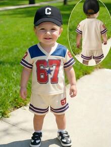SHEIN Playful Pals 2pcs Baby Toddler Boys' Blue White Stripe Summer Casual Beach Sports V-Neck Short Sleeve Eagle Print T-Shirt + Mesh Shorts Set,Green Stripe,6M-3Y - Apricot - View 7