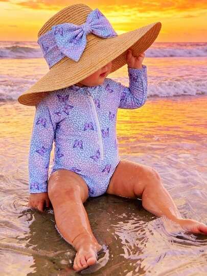 SHEIN Traje de baño de una pieza con cierre frontal, de manga larga, con estampado de leopardo colorido y lindo para bebé niña, adecuado para nadar, hacer surf, playa, parque acuático en verano y vacaciones de verano