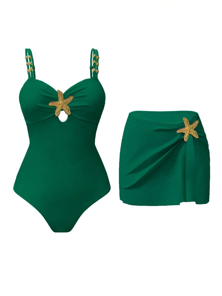 Swim Oasis 1 pieza Traje de baño de una sola pieza casual de vacaciones con decoración de pentágono lindo para mujer - Verde - Ver 1