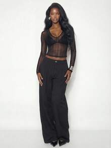 Femmeiva Women's Chic Sexy Sheer Glitter Textured Long Sleeve Tight Fit T-Shirt, Spring/Summer - Dark Grey - View 3