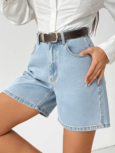 SHEIN High Waist Ice Blue Wash Smart Casual Style Woman Denim Short Button Closure Elastic Waistband Plus Size